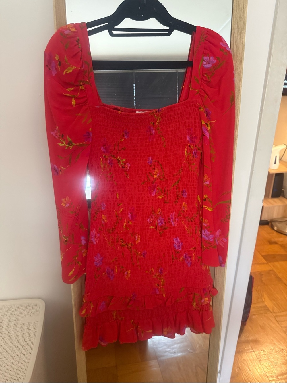 Lovers + Friends Red Floral Smocked Puff-Sleeve mini dress